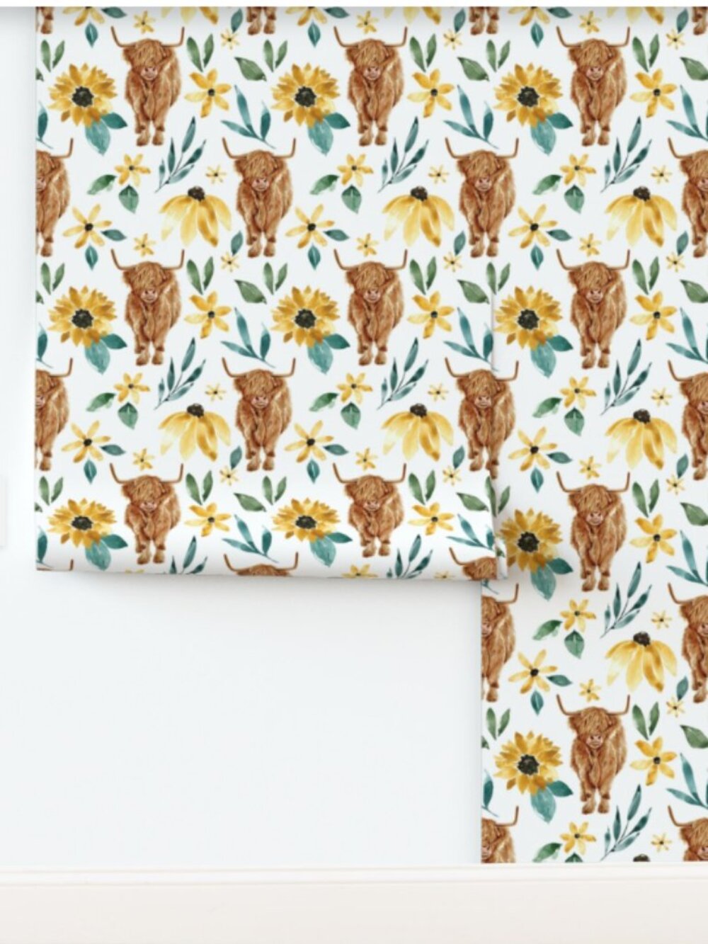 Spoonflower Peel & Stick Wallpaper Highland Cow and Sunflowers NEW 2' x 9'